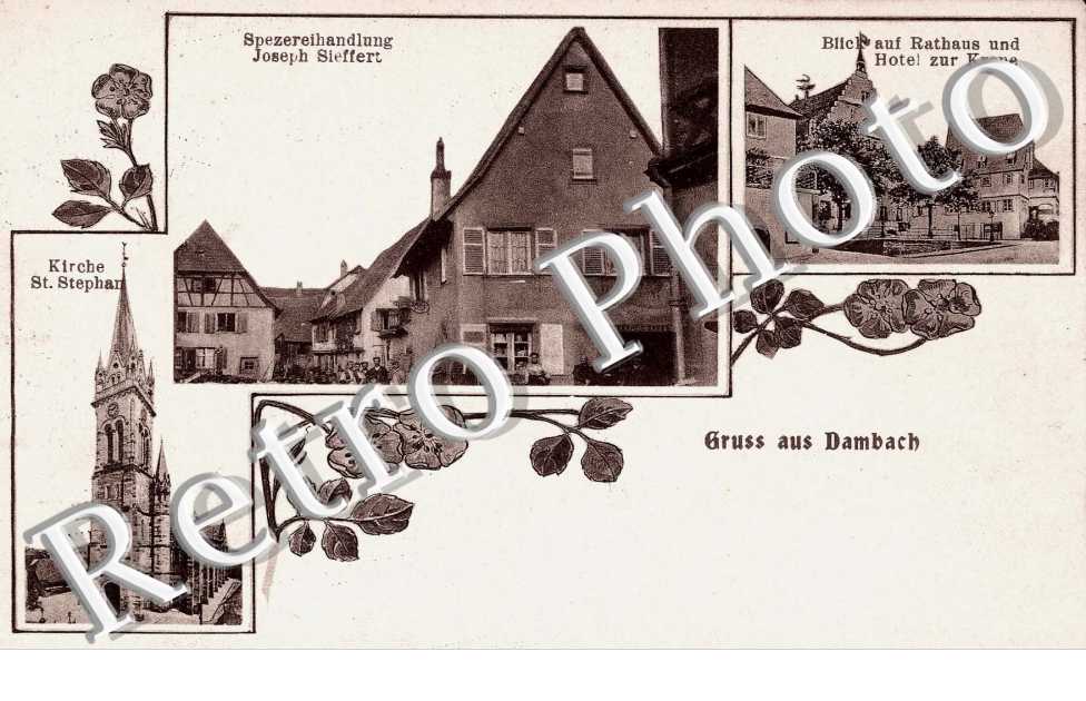 Kirche Saint-Stephan, Spezereihandlung Joseph Sieffert, Blick auf Rathaus und Hotel zur Krone