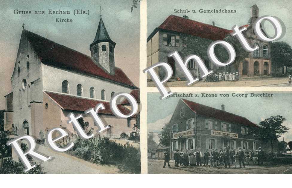 Kirche, Schul- u. Gemeindehaus, Wirtschaft z.Krone von Georg Baechler