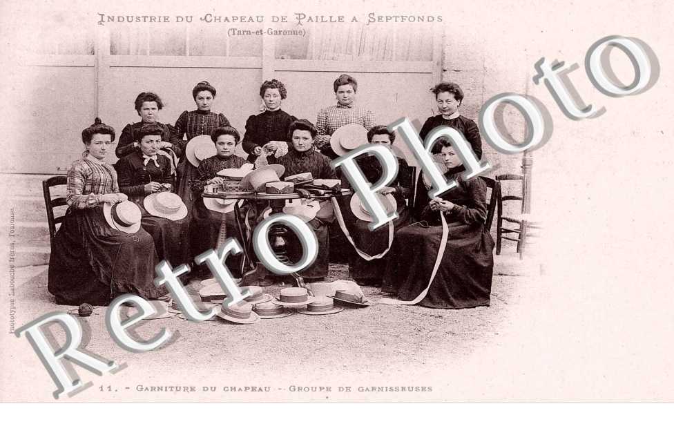 Industrie du chapeau de paille, garniture du chapeau, groupe de garnisseuses