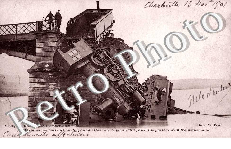 Destruction du pont du Chemin de fer en 1871, avant le passage d'un train allemand