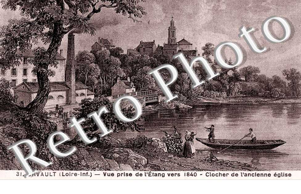 vue prise de l'etang vers 1840  Clocher de l'ancienne eglise