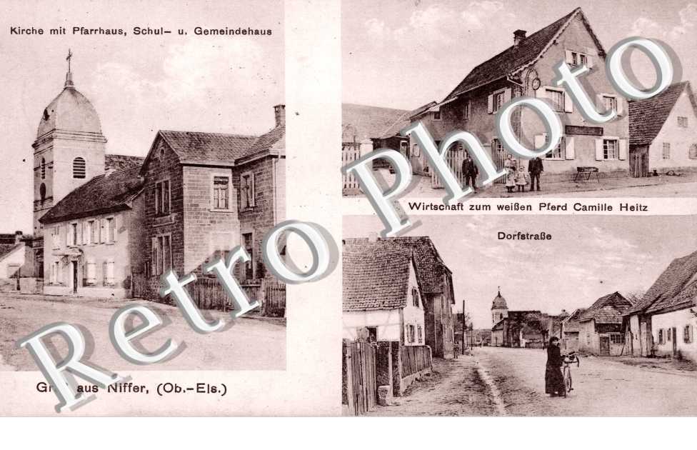 Kirche mit Pfarrhaus Schul u. Gemeindehaus - Wirtschaft zum weissen Pferd Camille Heitz - Dorfstrasse