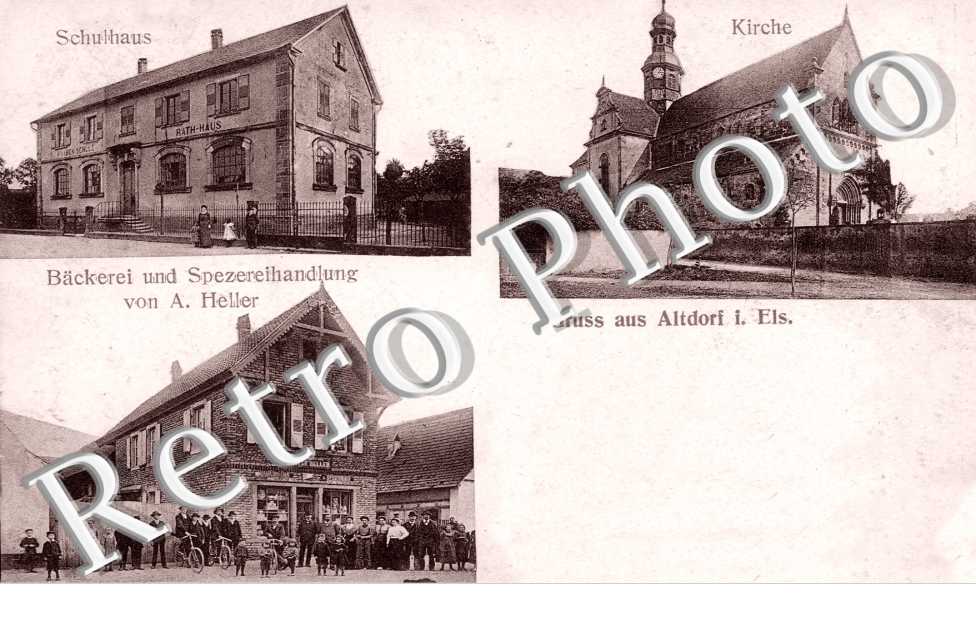 Kirche - Schulhaus - Backerei und Spezereihandlung von A. Heller