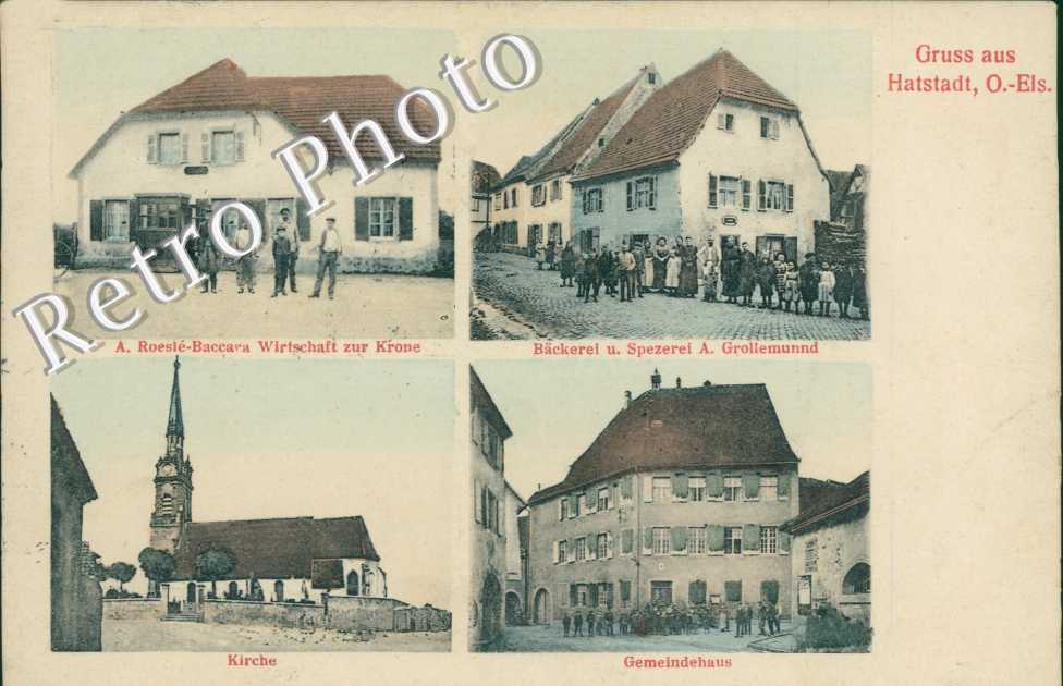 A. Roesle-Baccara Wirtschaft zur Krone - Backerei u. Spezerei A. Grollemund - Gemeindehaus - Kirche