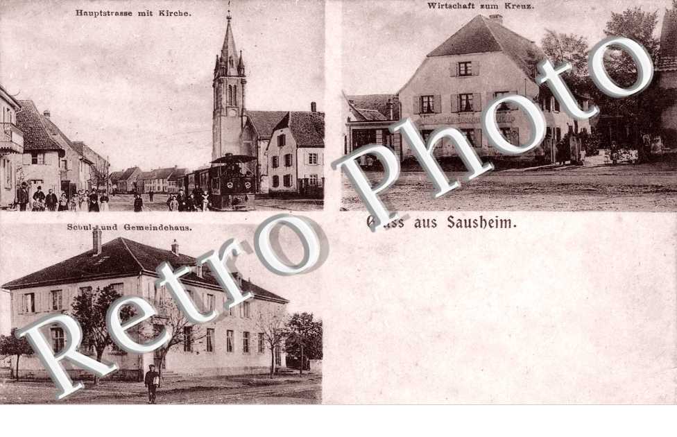 Haupstrasse mit Kirche - Wirtschaft zum Krenz -Schul und Gemeindehaus