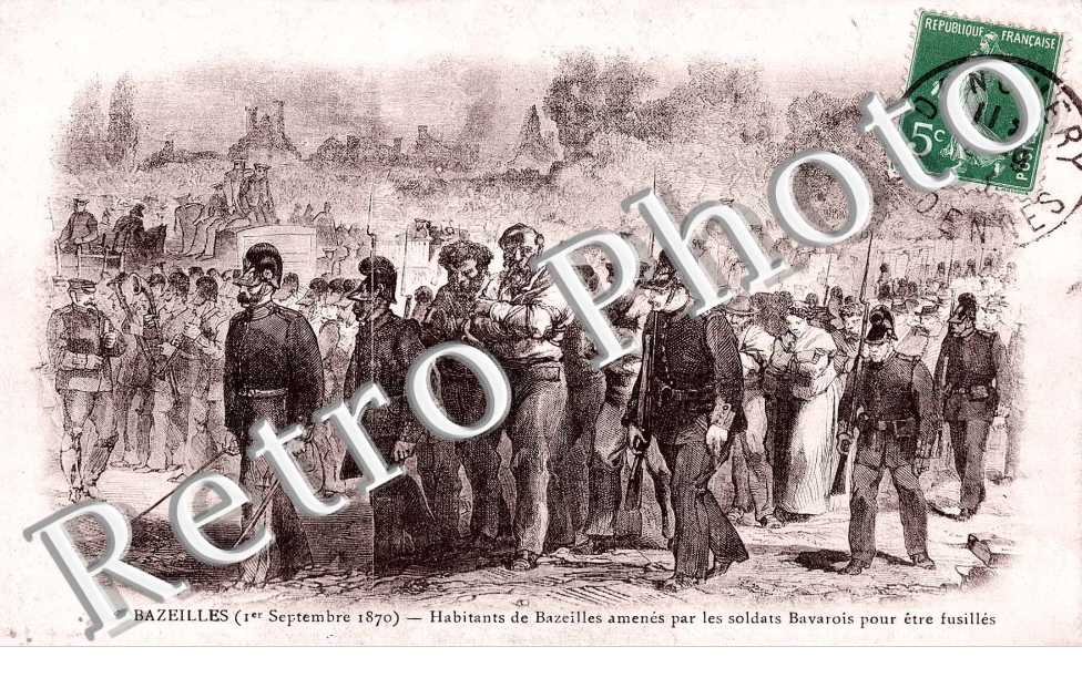 habitants de bazeilles amenes par les soldats bavarois pour etre fusilles