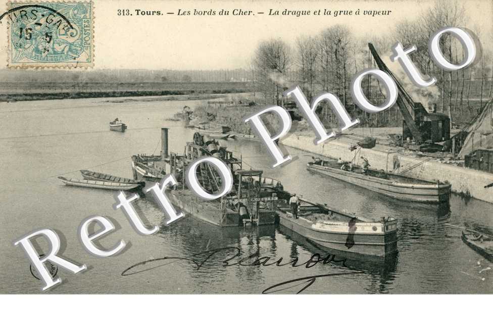 les bords du Cher - la drague et la grue a vapeur
