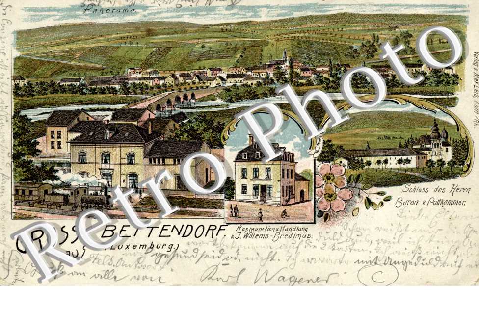 Gruss aus Bettendorf  Restauration u. handlung Willems-Bredimus  Schloss des Herrn Barron v. Puttkammer  Panorama
