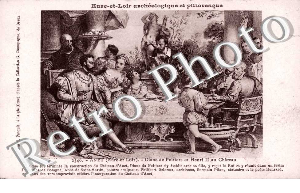 Diane de Poitiers et Henri Ii au chpateau - CARTE STYLE DESSIN