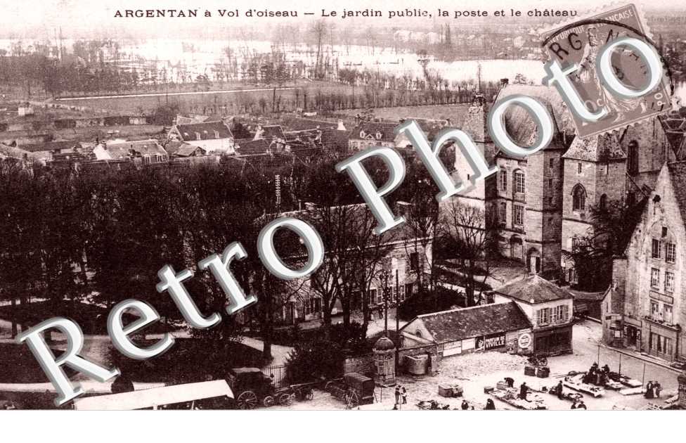 Argentan a vol d'oiseau, le Jardin public, la Poste et le Chateau