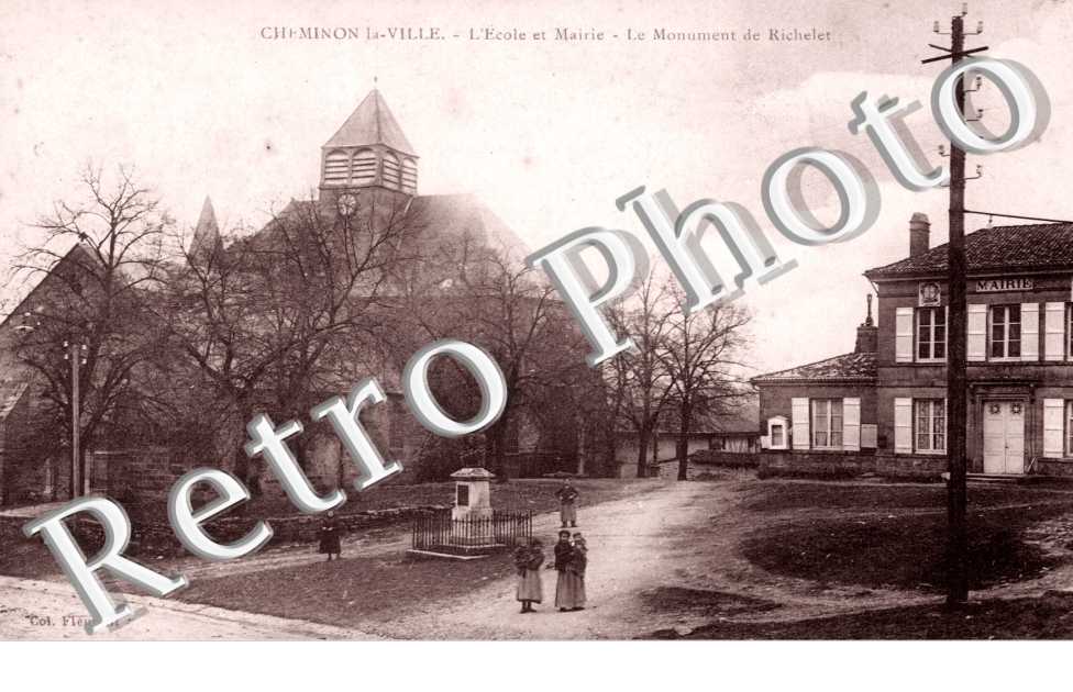 Cheminon-la-Ville, l'Ecole et Mairie, le Monument de Richelet