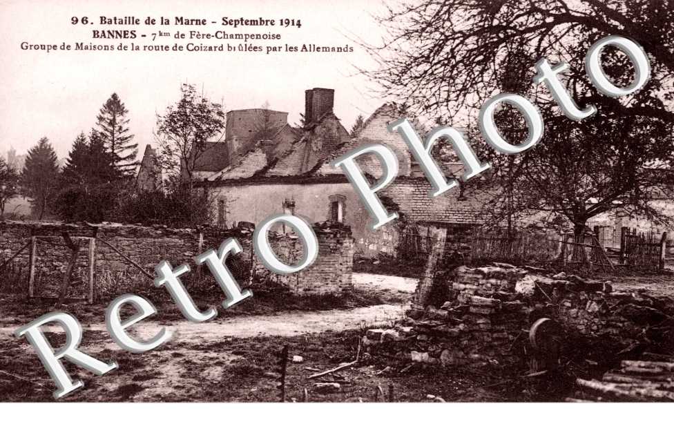 Bataille de la Marne, Maisons de la Route de Coizard brulees par les allemands 6 septembre 1914