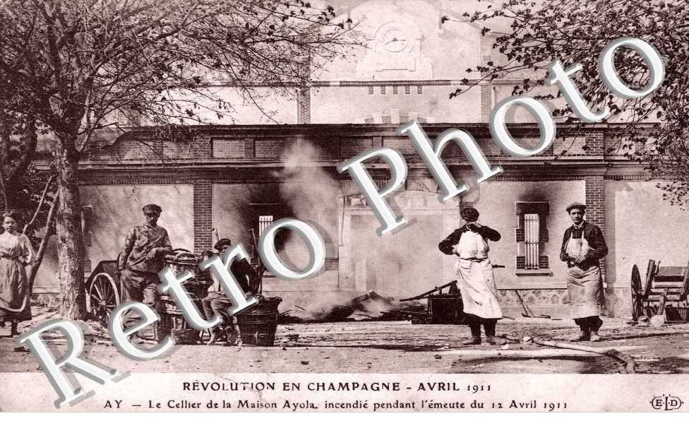 Revolution du Champagne, Cellier de la Maison Ayola, incendiee pendant l'emeute du 12 avril 1911