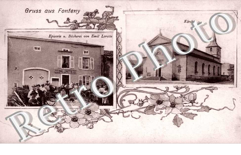 Kirche, Epicerie und Backerei von Emil Lorette