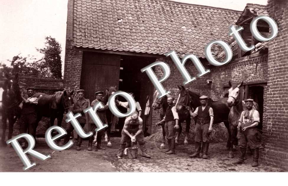 Groupe d'hommes dans une ferme avec des chevaux