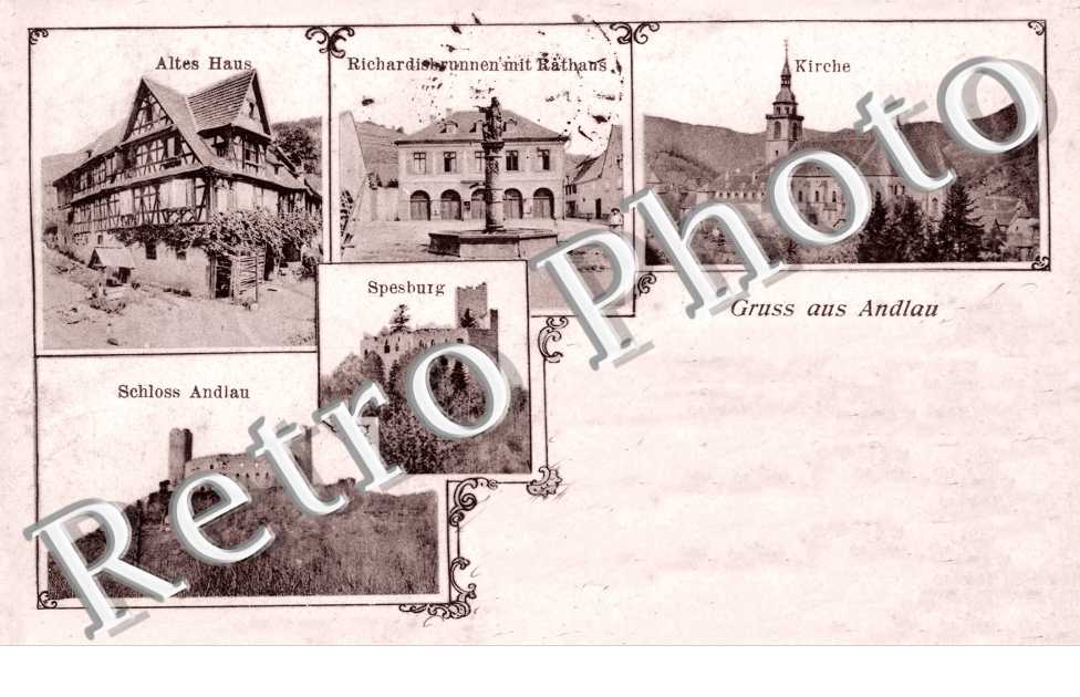 Gruss aus andlau. schloss, altes haus, kirche..