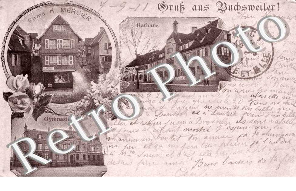 Gruss aus Buchsweiller - Rathaus - Firma H. mercier - Gymnasium