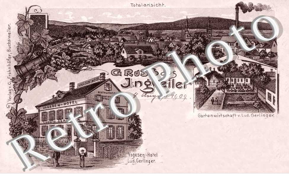Gruss aus Ingweiler - Totalansicht, Vogesen Hotel, Gartenwirtschaft v. Lud. Gerlinger