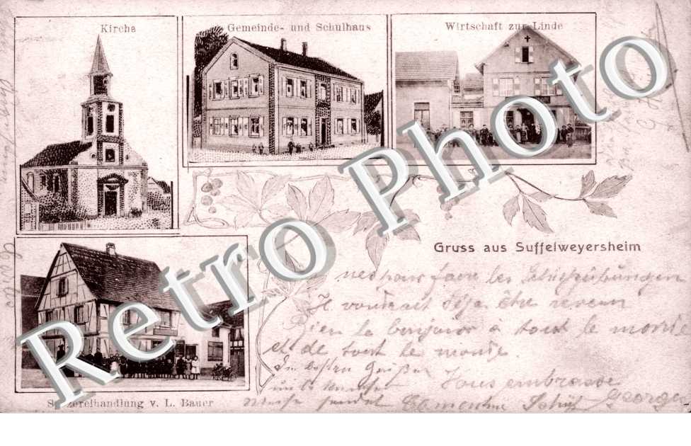 Kirche, Gemeinde und Schulhaus, Wirstchaft zur Linde, Spezereihandlung v. L. Bauer