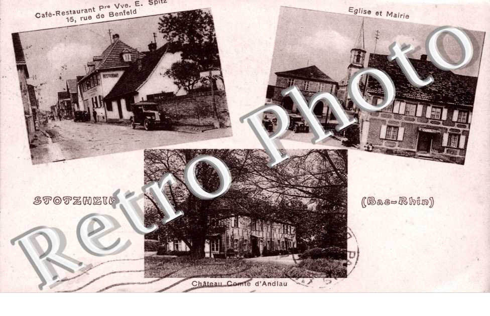 eglise et mairie, cafe-restaurant proprietaire Vve E. Splitz, chateau Comte d'Andiau
