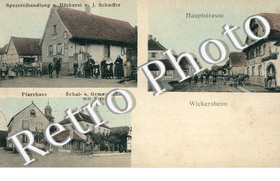 Spezereihandlung u. Backereu v. J. Schaeffer. Hauptstrasse, Pfarrhaus, Schule und Gemeindehaus mit Kirche