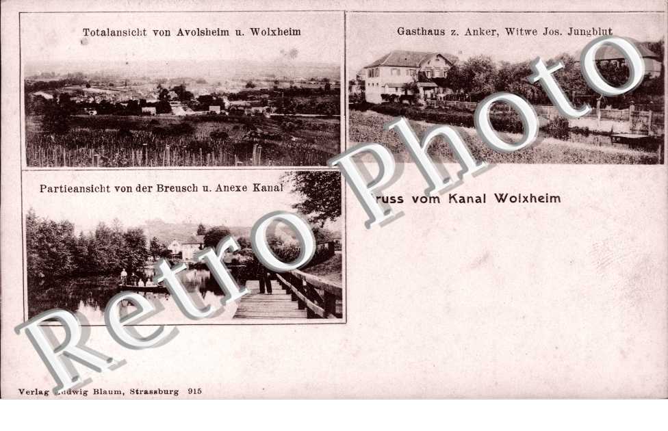 totalansicht, gasthaus z. Anker, Witwe Jos. Jungblut  Partieansicht von derf Breusch u. anexe Kanal
