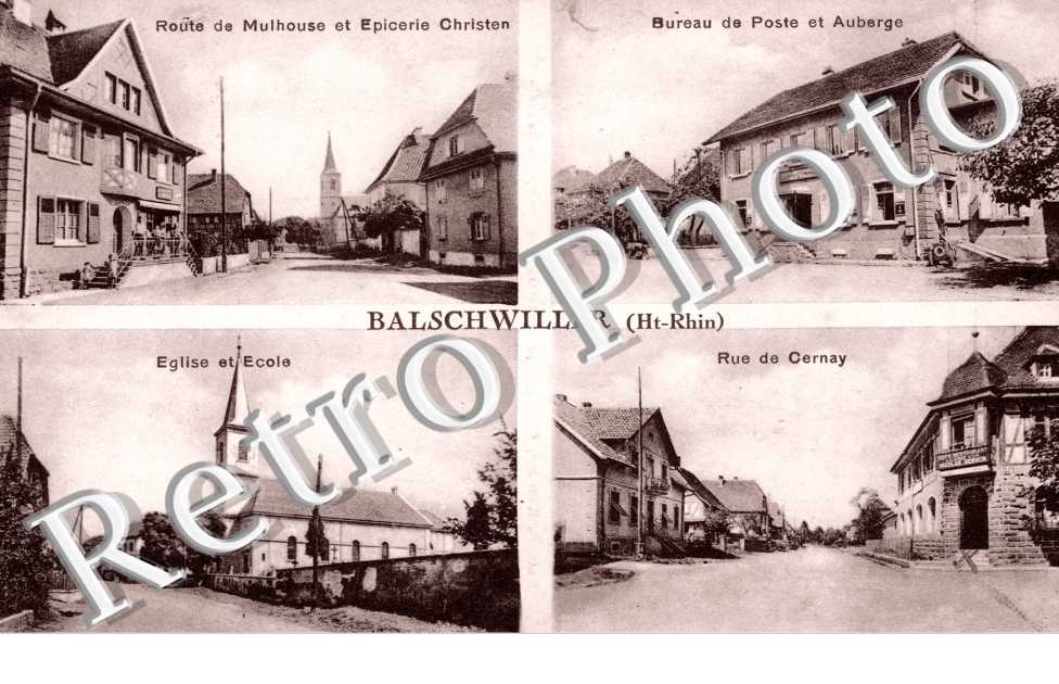 route de Mulhouse et epicerie Christen, eglise et ecole, rue de Cernay, bureau de poste et auberge