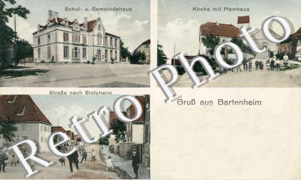 kirche mit pfarrhaus, strasse nach Blotzheim, schul. u. gemeindehaus