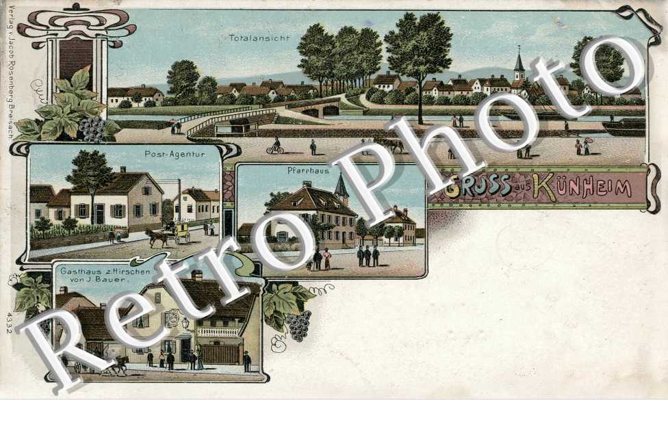 Gruss aus Kunheim, Pfarrhaus, Gasthaus zum Hirschen von J Bauer, Post-Agentur, Totalansicht