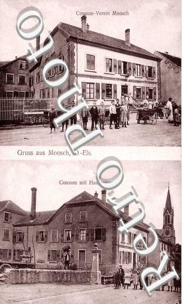 Consum-Verein Moosch, Consum mit Hauptstrasse, Gruss aus Moosch, O.-Els