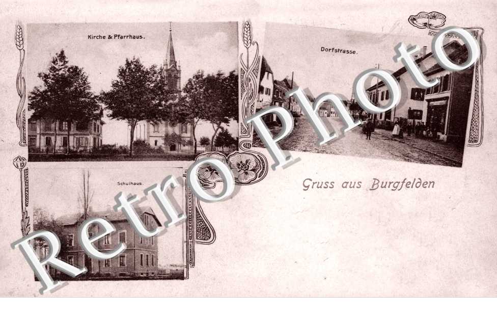 Kirche und Pfarrhaus, Dorfstrasse, Schulhaus, Gruss aus Burgfelden