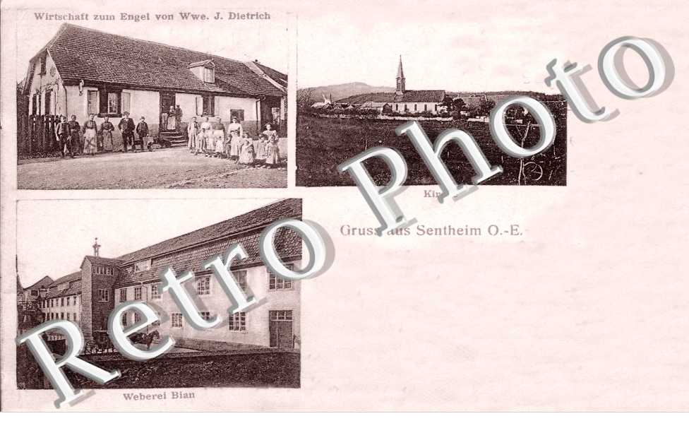 Kirche, Wirstchaft zum Engel von Wwe. J. Dietrich, Weberel Bian, Gruss aus Sentheim