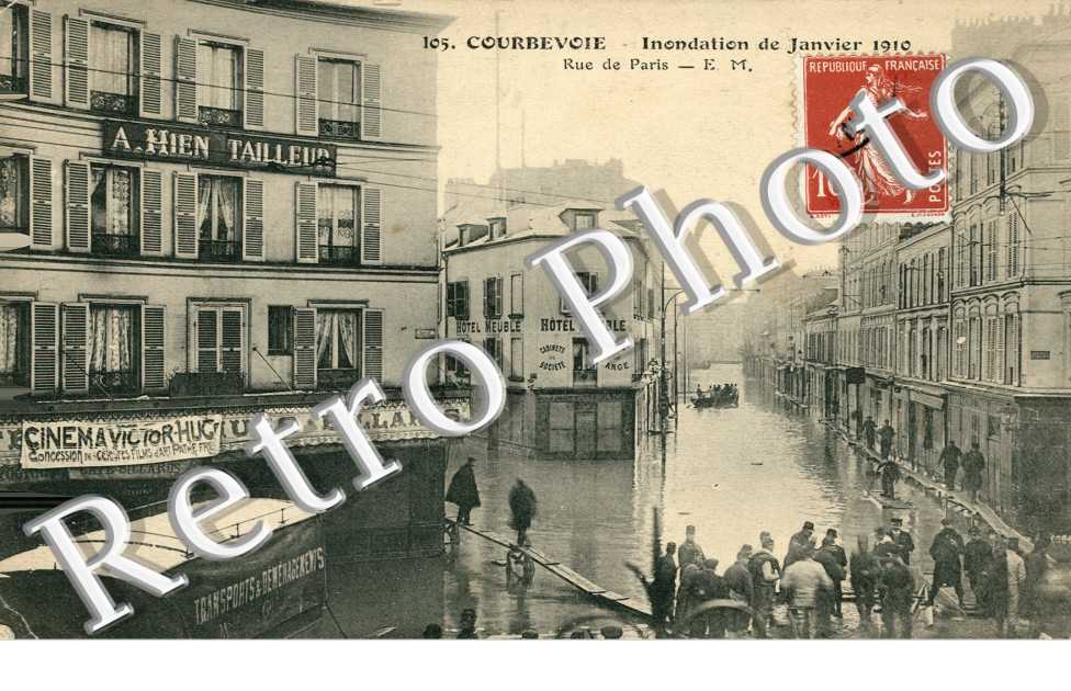 Crue de la Seine 1910, Rue de Paris. A. Hien Tailleur. Cinéma Victor Hugo