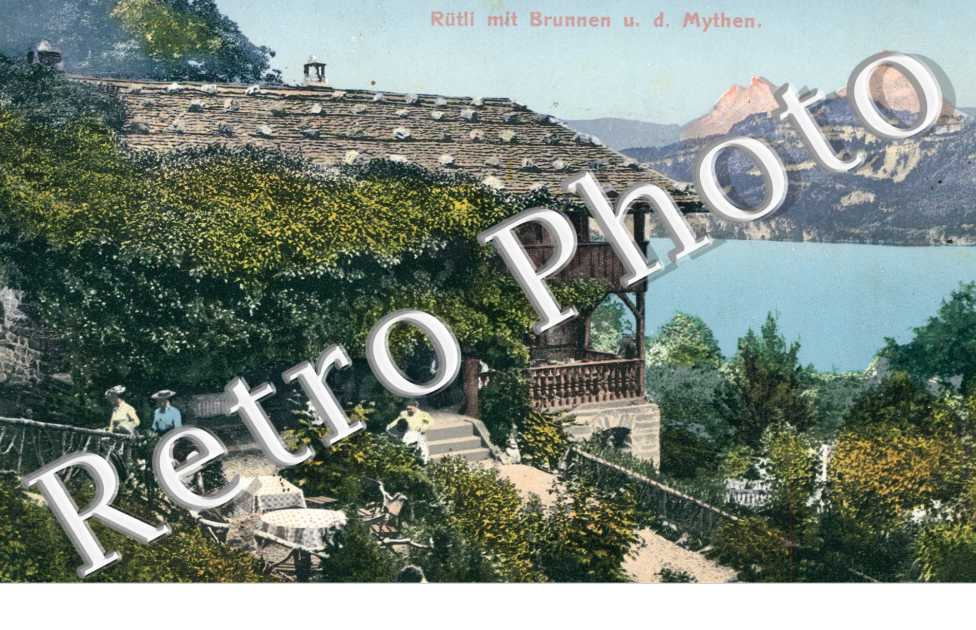 Rutli mit Brunnen und Mythen. Rutli avec des fontaines et des mythes