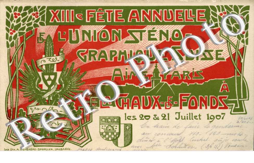 XIII e Fete annuelle de l'Union stenographique suisse - Aime Paris - les 20 et 21 juillet 1907