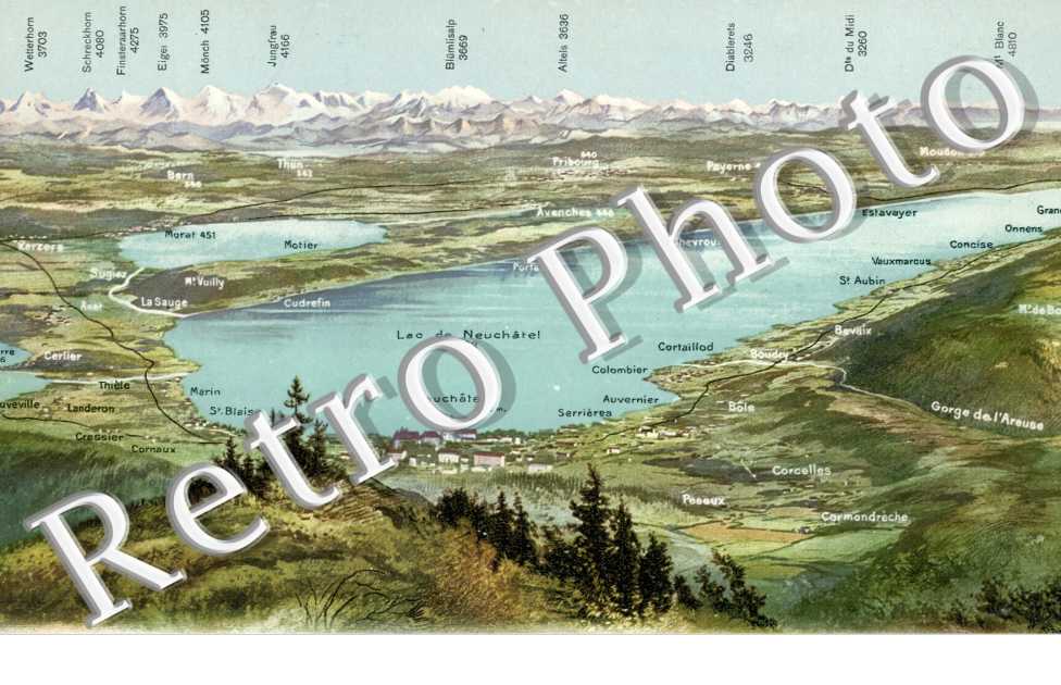 Lac de Neuhchateal et de Morat - panorama des Alpes