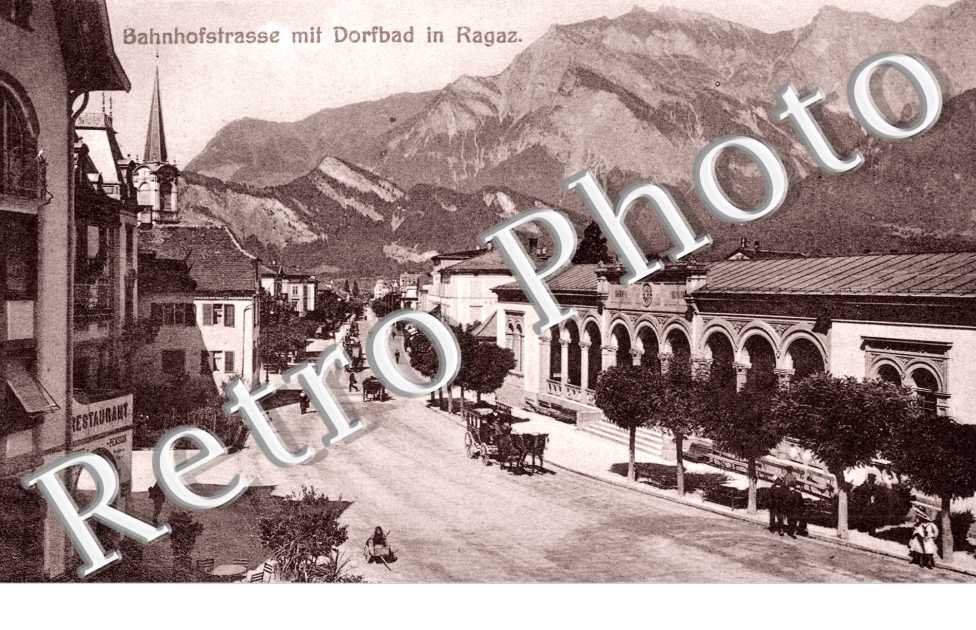 Bahnhofstrasse mit Dorfbad in Ragaz