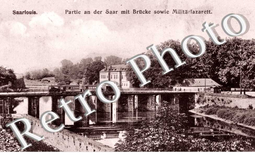 Partie an der Saar mit Brucke sowie Militarlazarett