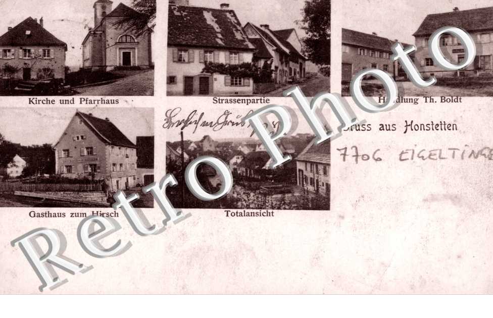 Kirche und Pfarrhaus, strassenpartie, Handlung Th. Boldt, Gasthaus zum Hirsch, Totalansicht