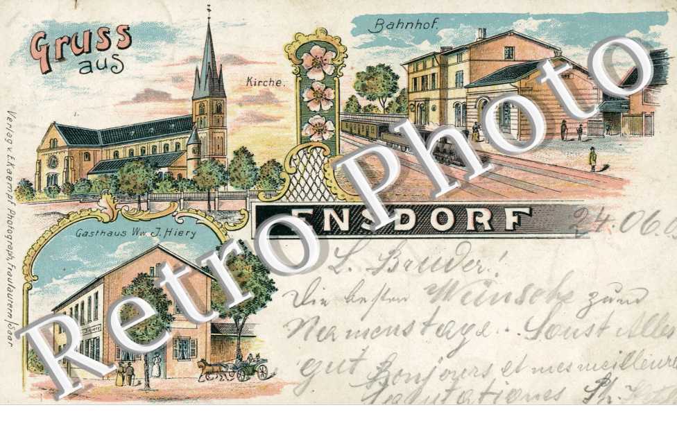 Bahnhof, kirche, Gasthaus Ww. J. Hiery