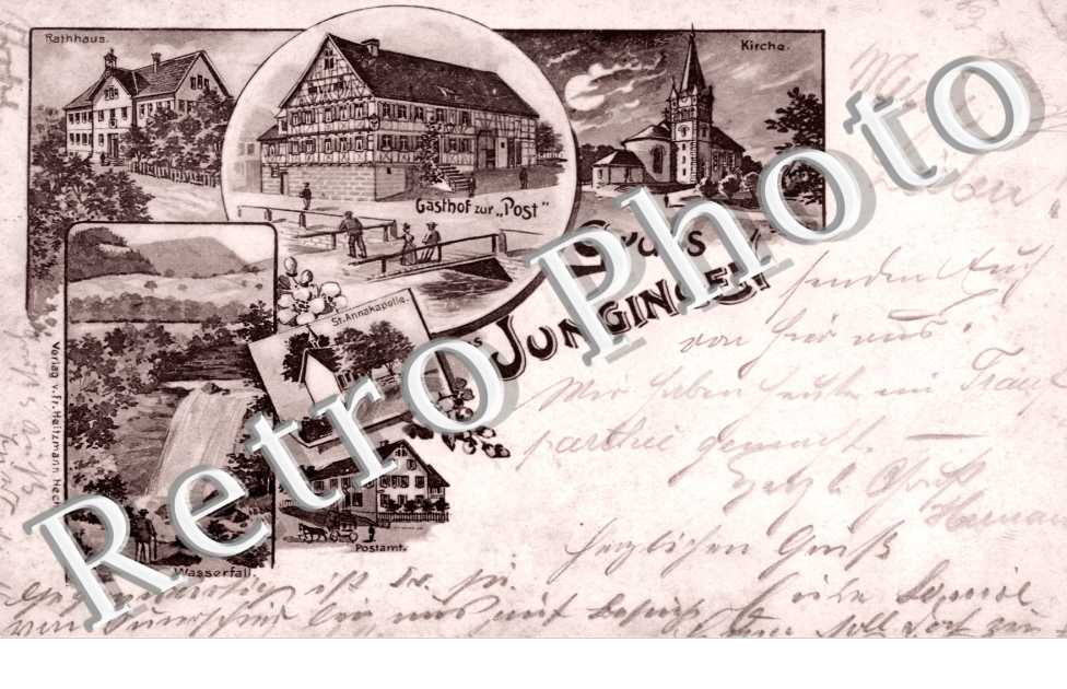 Kirche, Gasthaus, Rathaus, Postamt, Wasserfall