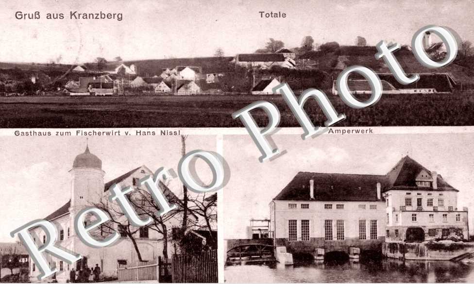 Gruss uas Kranzberg, Totale, Gasthaus zum Fischerwirt vom Hans Nissl, Amperwerk