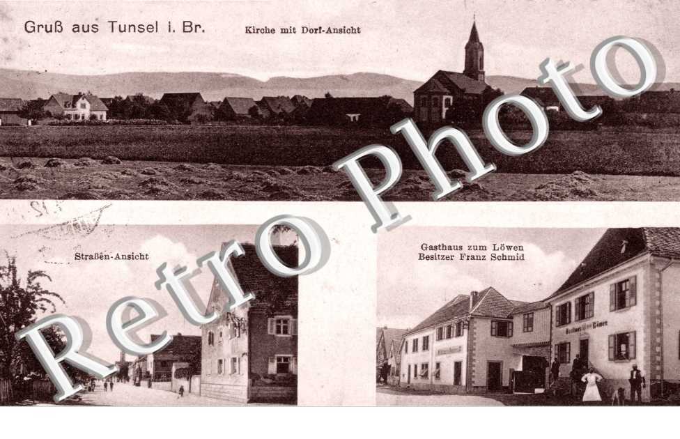 Kirche mit Dorf-Ansicht, Gasthaus zum Lowen, Besitzer Franz Schmid, Strassen-Ansicht