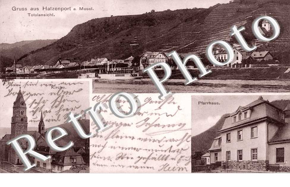 Gruss aus Hatzenport, Totalansicht, Pfarrhaus, Kirche