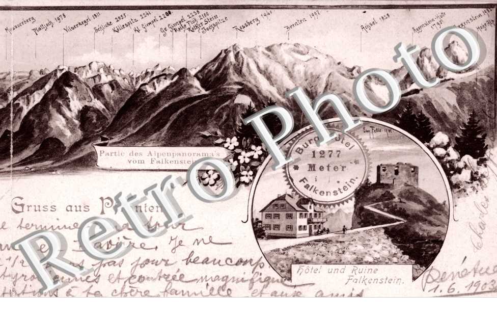 Hotel und  ruine Falkenstein  Partie des Alpenpanorama's vom Falkenstein