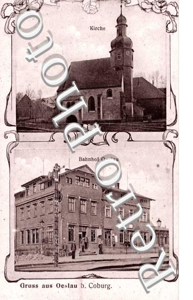 Gruss aus Oeslau bei Coburg, Bahnhof Oeslau, Kirche