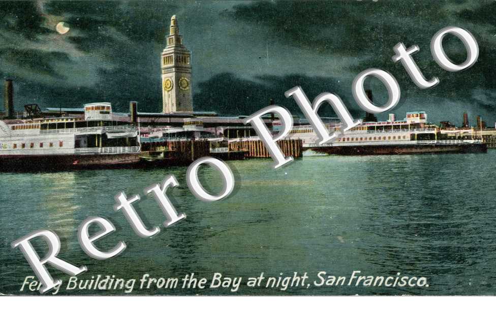 Ferry Building from the bay at night