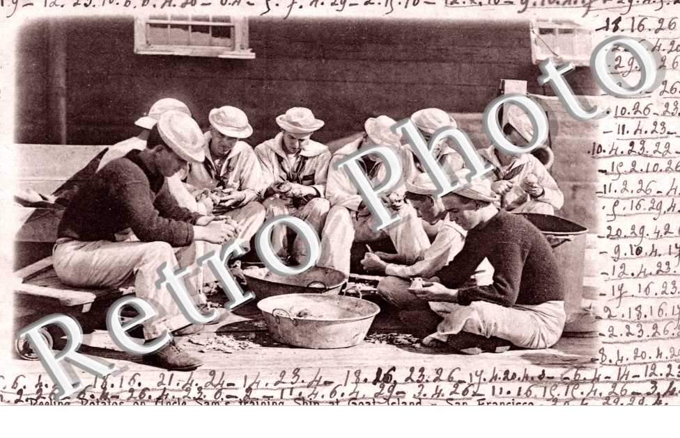 Peeling potatoes on Uncle Sam's training ship at Goat Island