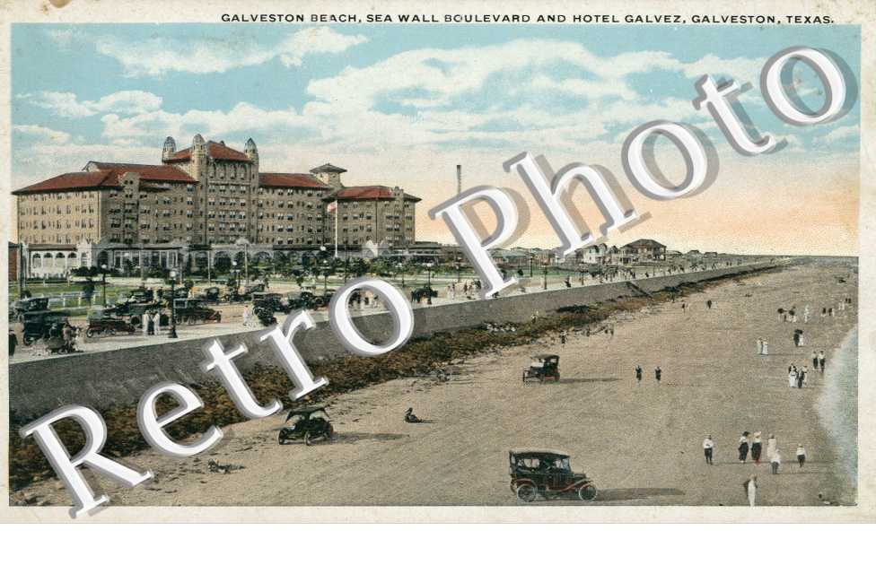 Galveston Beach, Sea Wall Boulevard and Hotel Galvez