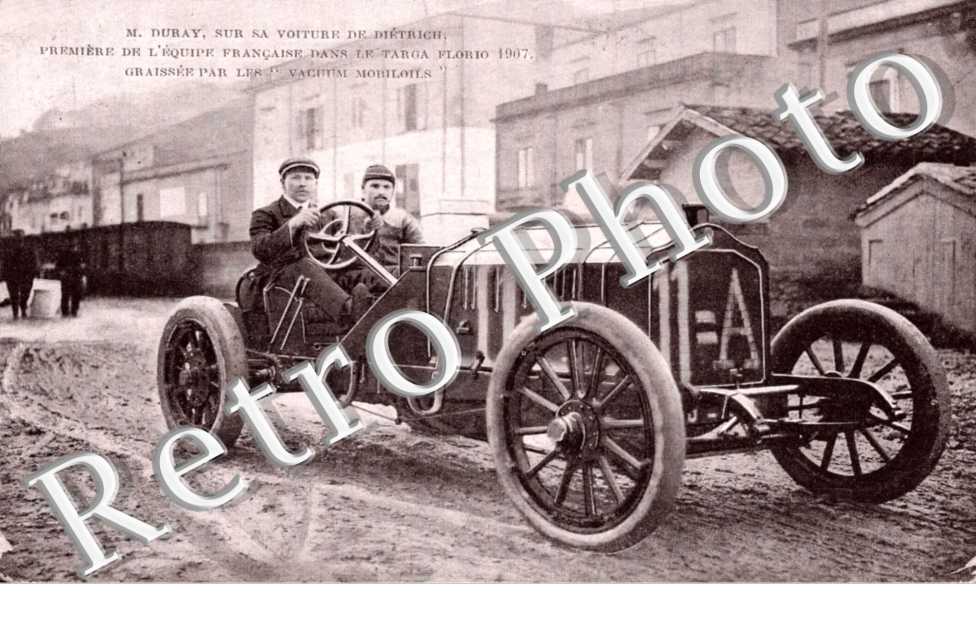 M. Duray sur sa voiture De Dietrich premiere de l'equipe francaise dans le Targa Florio 1907